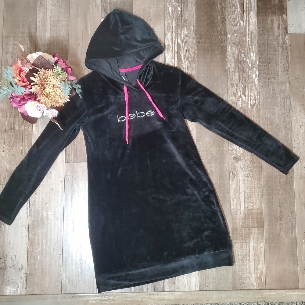 Bebe Women's Black and Pink Rhinestone Sleepwear Dress Velour Size Medium - Picture 16 of 17